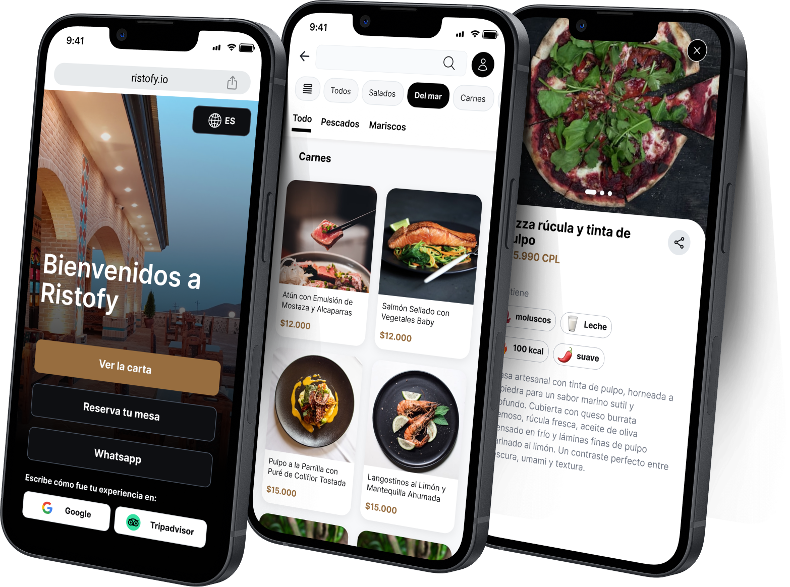 Scan & View - Menú digital con QR en tres pantallas de smartphone